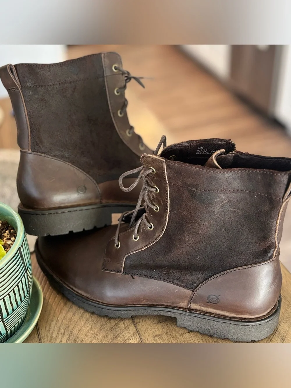 Born Men's Dark Brown genuine Leather Lace-Up Boots with Side Zipper